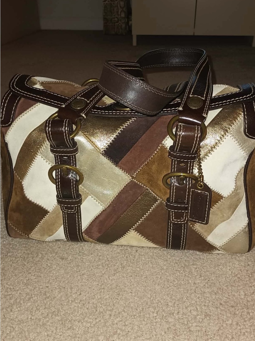 Coach Patchwork Leather and Suede Duffel in Brown and Cream